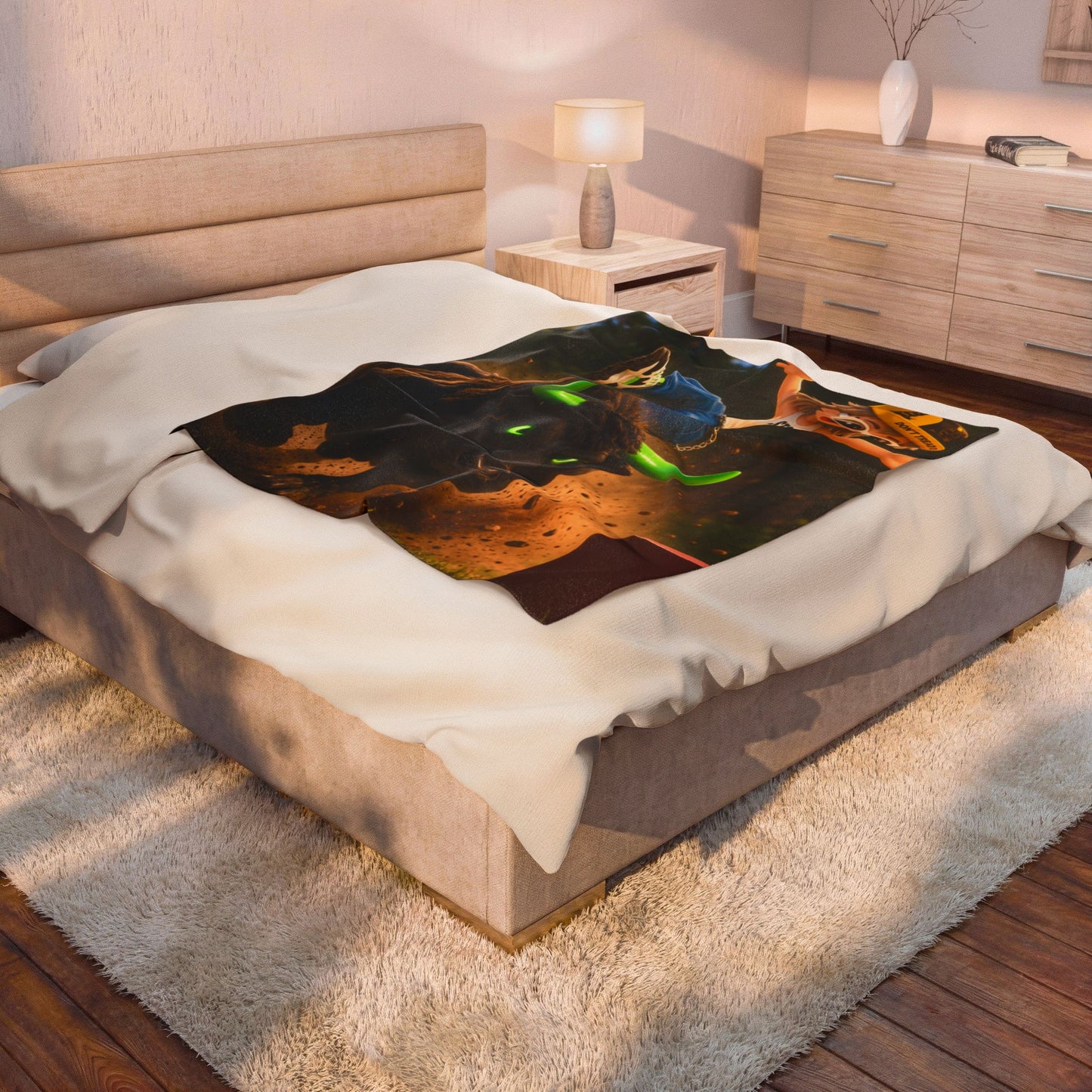 Velveteen Plush Blanket – Cartoon Bull Rider Throw with “Stop Stealing Our Food” Graphic