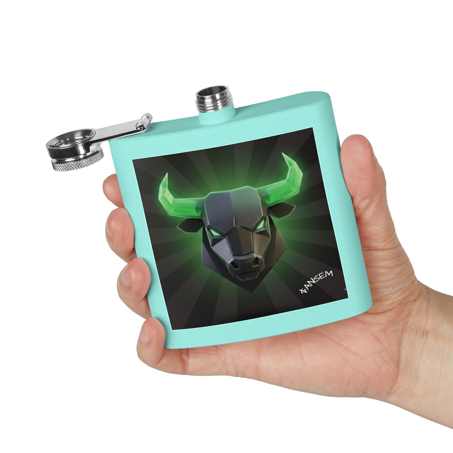 Bull Head Flask — 6oz Stainless Steel Hip Flask with Neon Green Geometric Bull Design