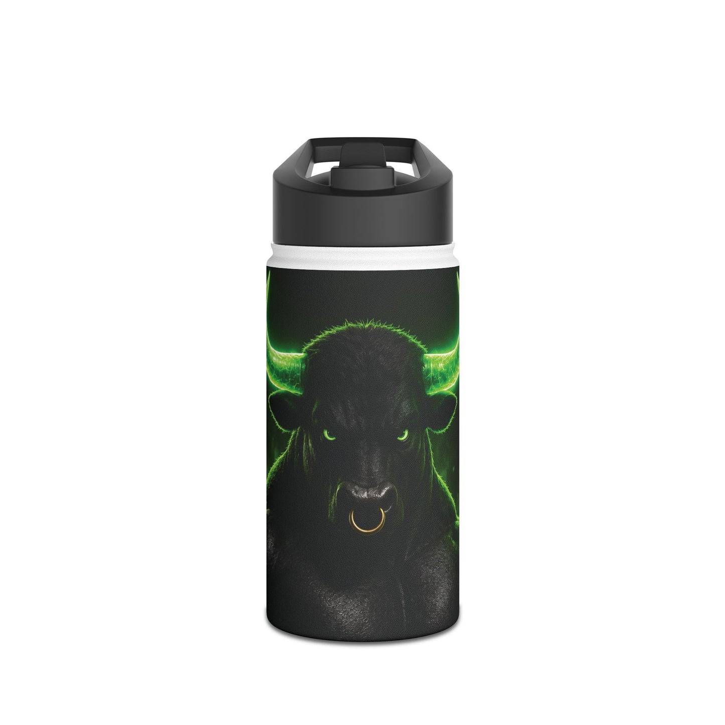 Bull Skull Stainless Steel Water Bottle — Neon Green Horns, Durable Travel Bottle