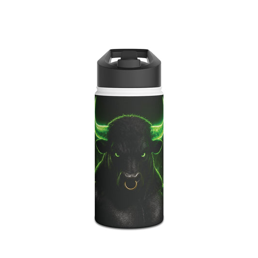 Bull Skull Stainless Steel Water Bottle — Neon Green Horns, Durable Travel Bottle