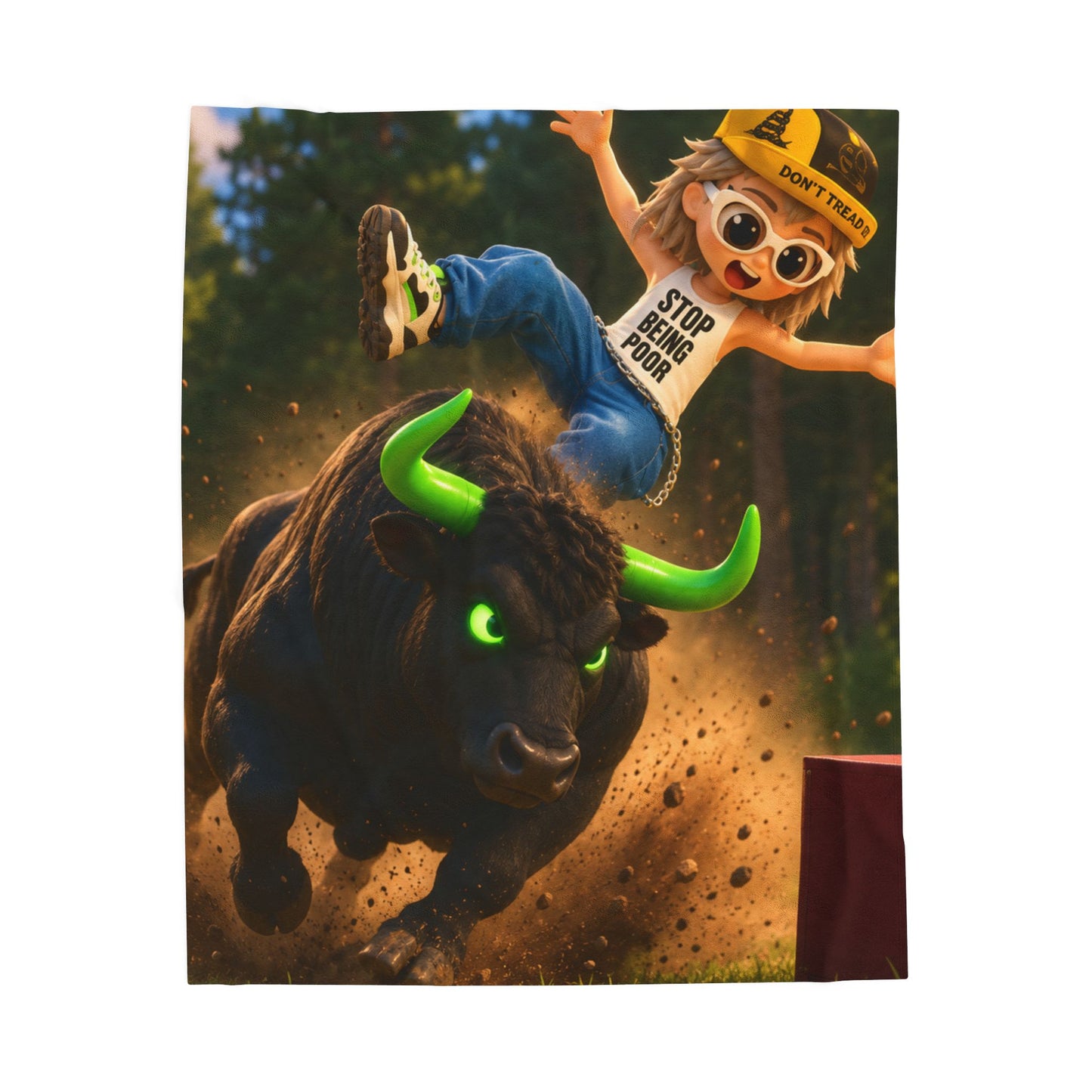 Velveteen Plush Blanket – Cartoon Bull Rider Throw with “Stop Stealing Our Food” Graphic