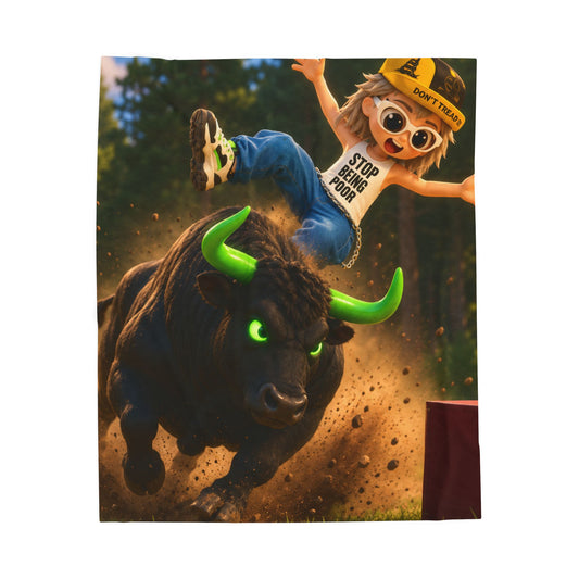 Velveteen Plush Blanket – Cartoon Bull Rider Throw with “Stop Stealing Our Food” Graphic