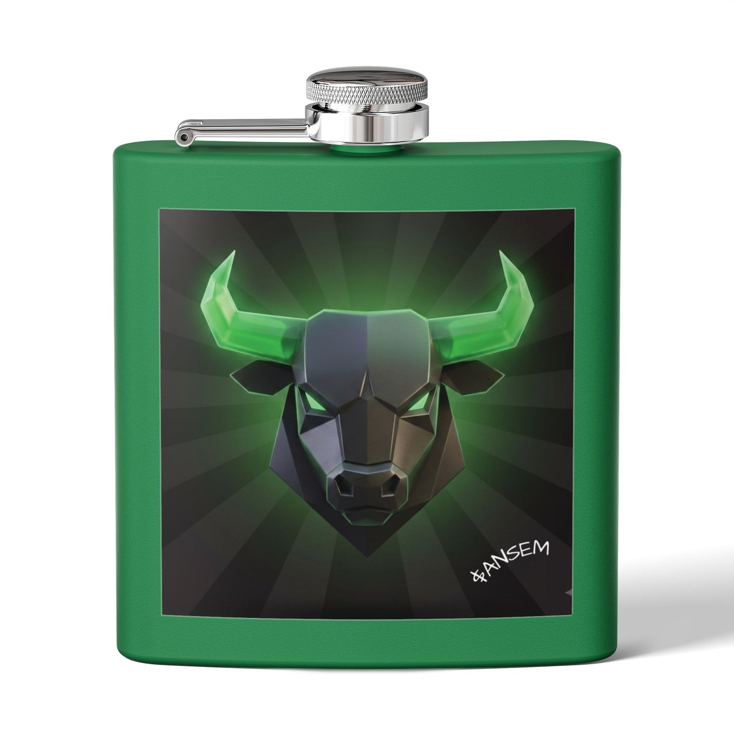 Bull Head Flask — 6oz Stainless Steel Hip Flask with Neon Green Geometric Bull Design