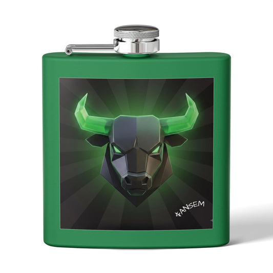 Bull Head Flask — 6oz Stainless Steel Hip Flask with Neon Green Geometric Bull Design