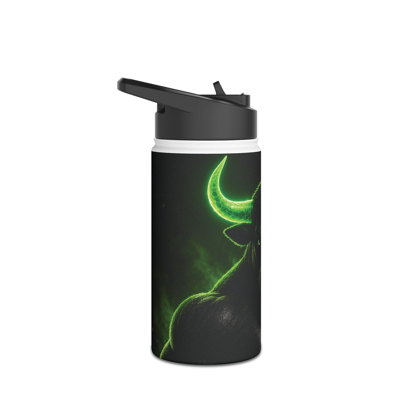 Bull Skull Stainless Steel Water Bottle — Neon Green Horns, Durable Travel Bottle