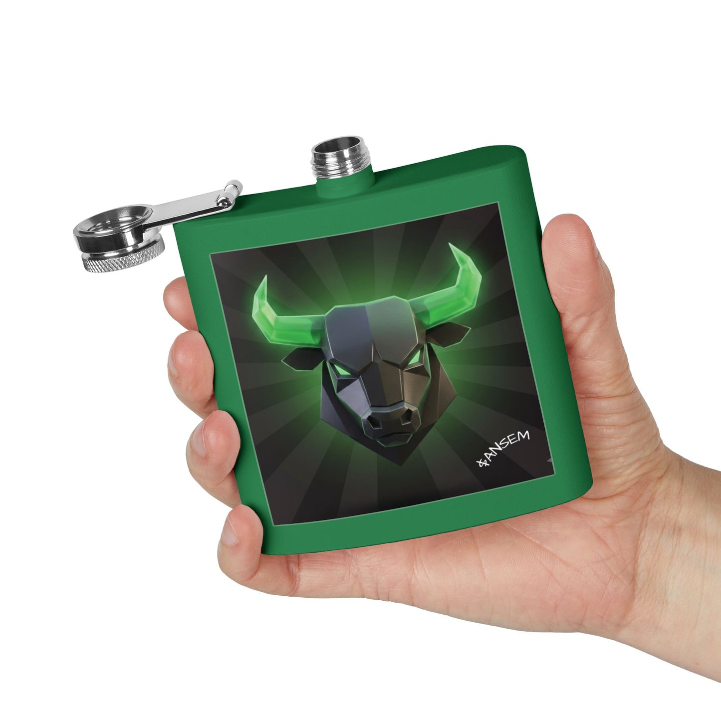 Bull Head Flask — 6oz Stainless Steel Hip Flask with Neon Green Geometric Bull Design
