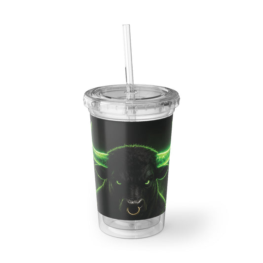 Neon Bull Acrylic Tumbler with Straw — Glowing Green Bull Design