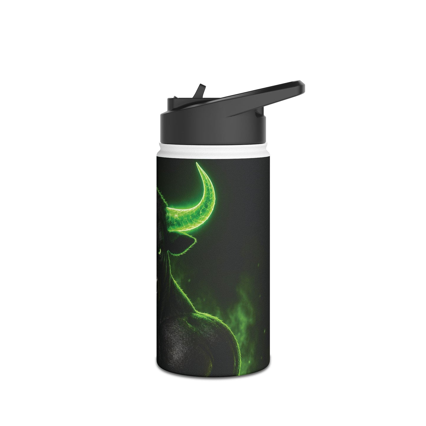 Bull Skull Stainless Steel Water Bottle — Neon Green Horns, Durable Travel Bottle
