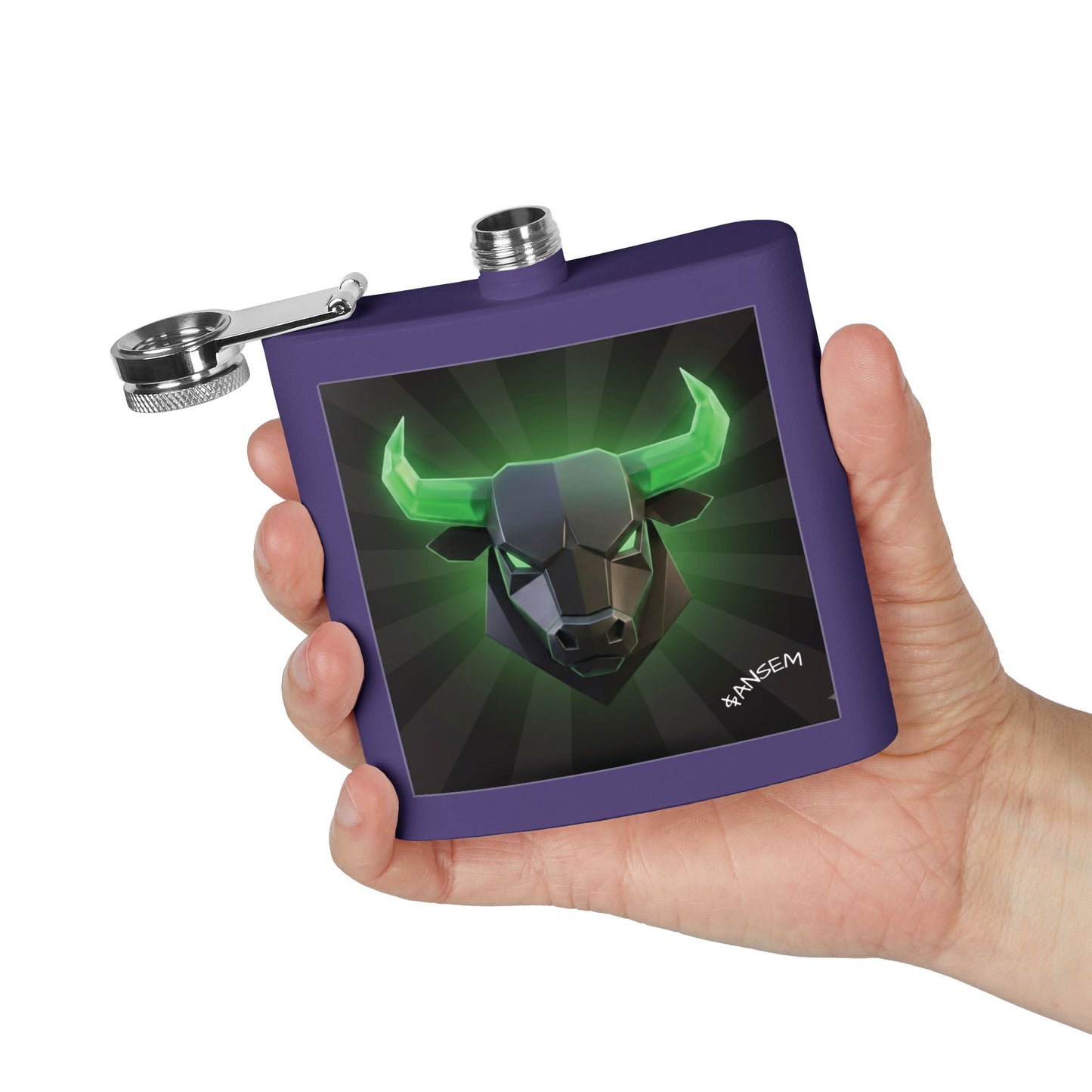 Bull Head Flask — 6oz Stainless Steel Hip Flask with Neon Green Geometric Bull Design