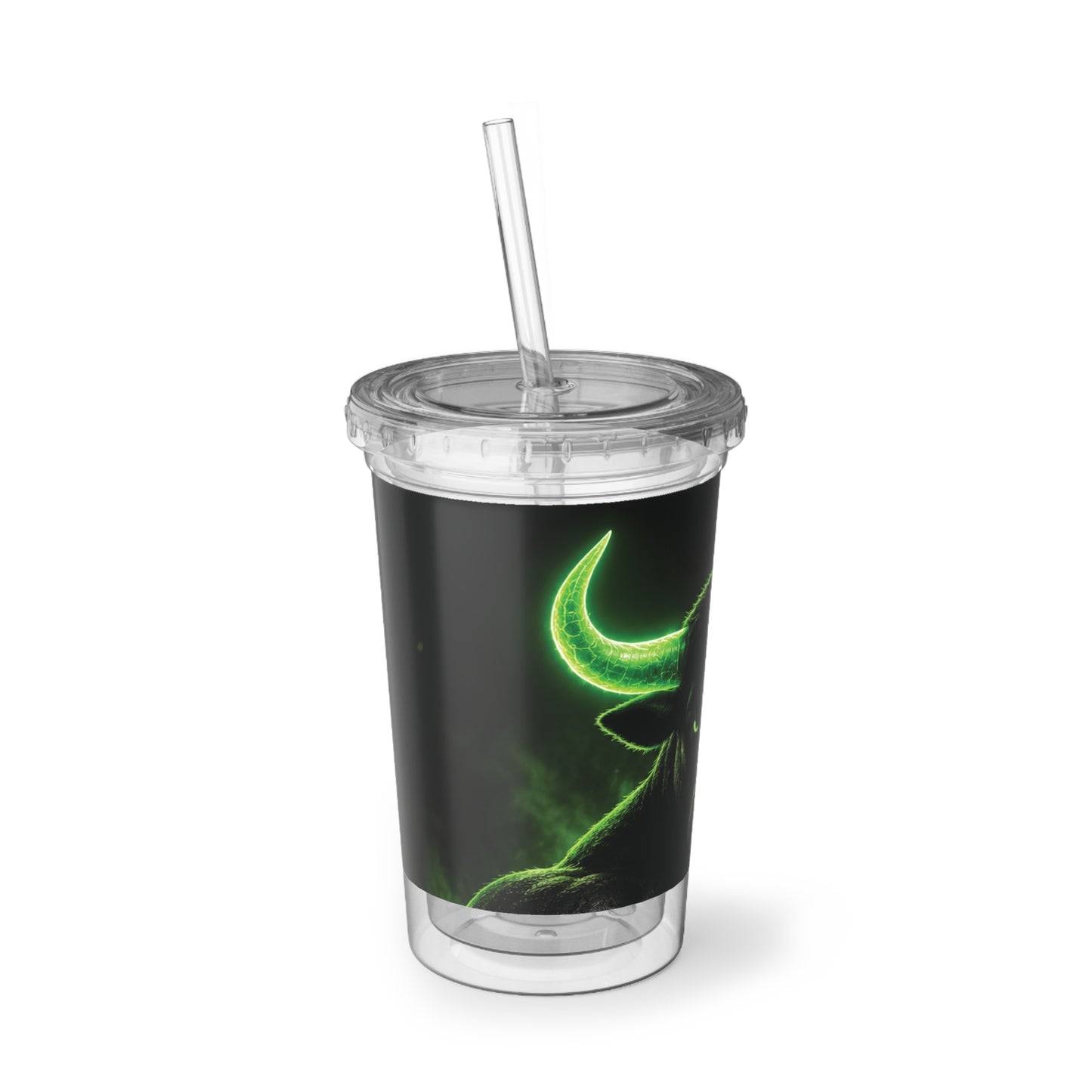 Neon Bull Acrylic Tumbler with Straw — Glowing Green Bull Design