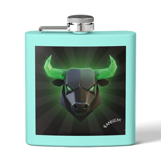 Bull Head Flask — 6oz Stainless Steel Hip Flask with Neon Green Geometric Bull Design