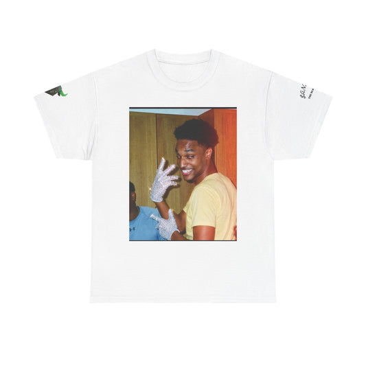 Retro Photo Graphic Tee — Smiling Man with Gloves